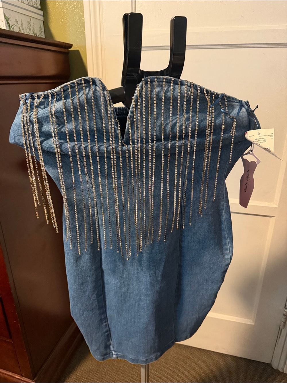 Denim Strapless Mini Dress with Rhinestone Fringe